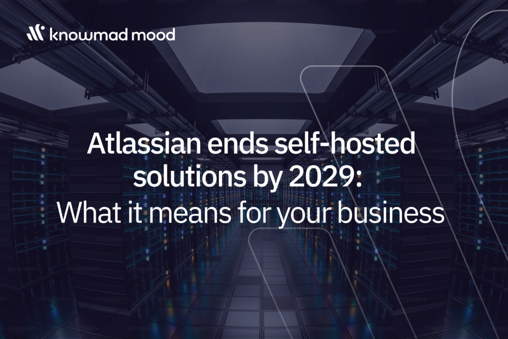 "Data center servers with overlay text announcing Atlassian ending self-hosted solutions by 2029 and its impact on businesses"
