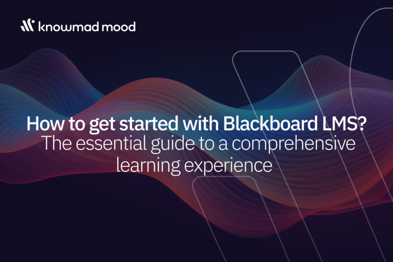 Cover with digital waves and the title "How to get started with Blackboard LMS? The essential guide to a comprehensive learning experience" by knowmad mood.