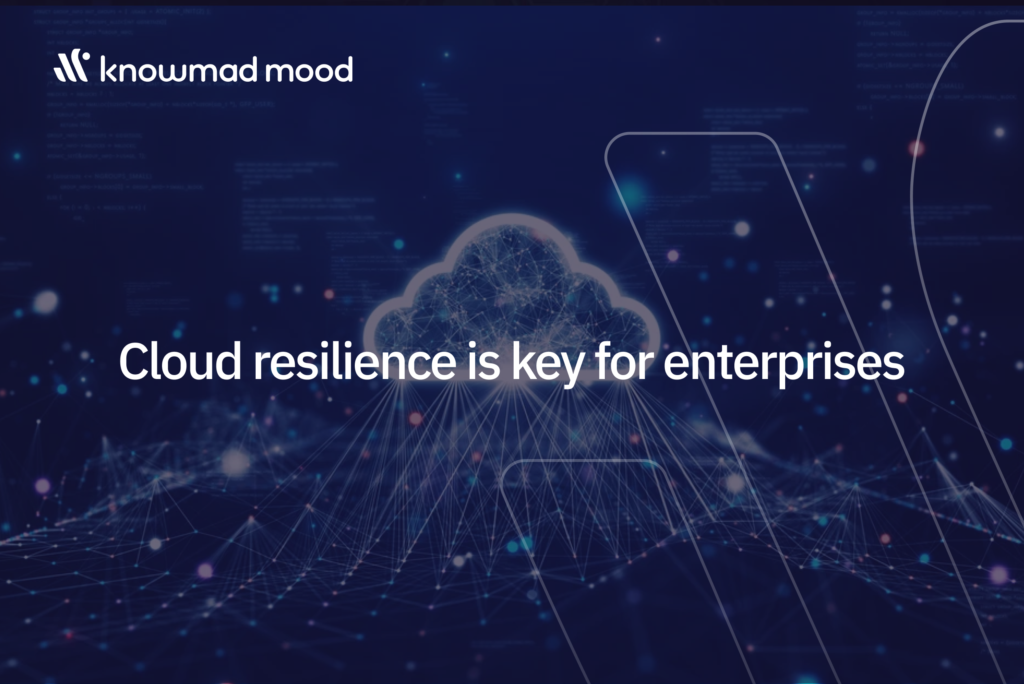 Abstract visual of a digital cloud connected by data lines, representing resilience, flexibility, and security in the enterprise cloud environment, featuring the knowmad mood logo